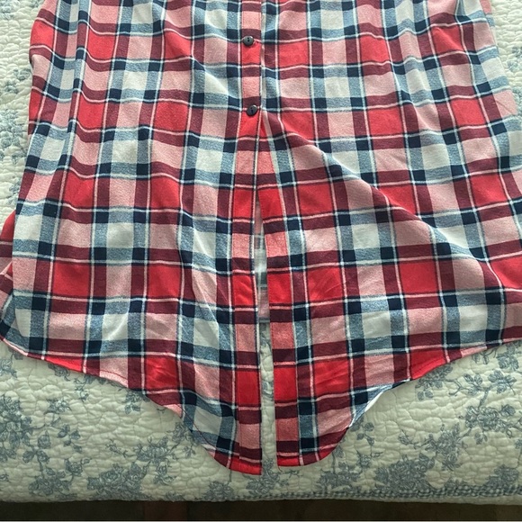 G Collection Red, White, and Blue Plaid Flannel Button Down with Front Tie - Picture 3 of 9